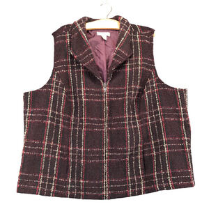 C.J. Banks Womens Vest 3X Burgundy Plaid Tweed V-Neck Zip Lined Full Zip